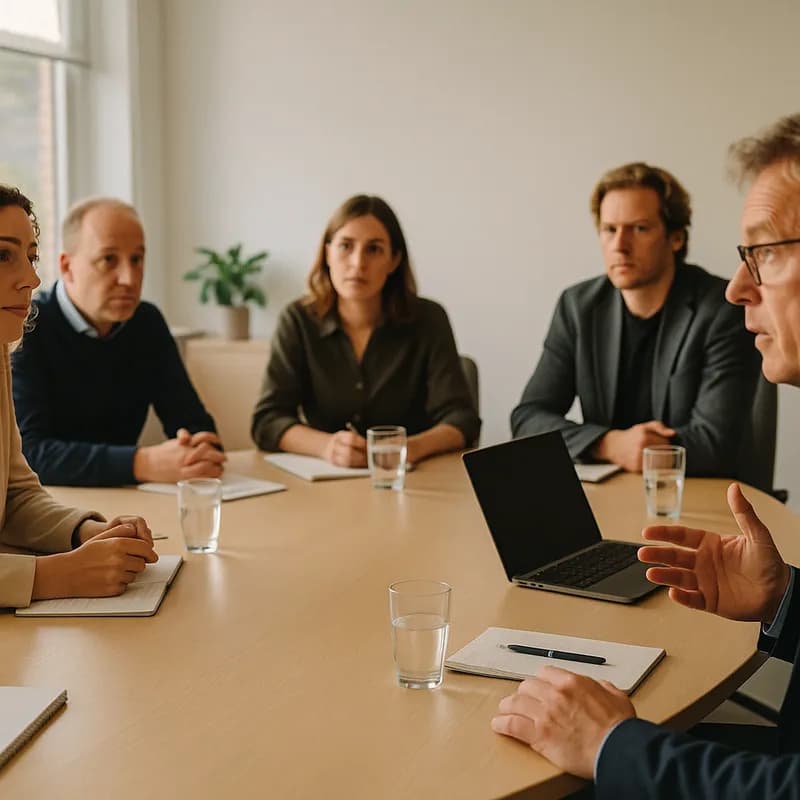 Vergadering in actie — vijf personen rond een vergadertafel in een Nederlands kantoor