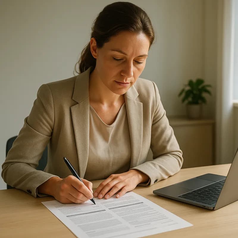 Professional reviewt gestructureerde notulen aan een opgeruimd bureau