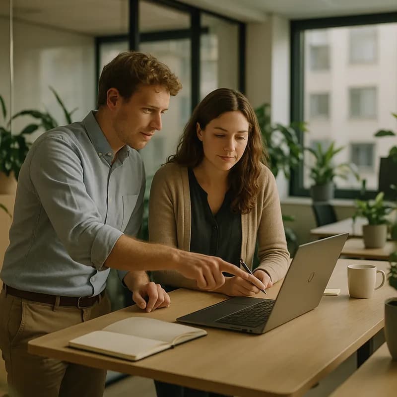 Twee collega’s delen een resultaat — één wijst naar het laptopscherm terwijl de ander notities maakt