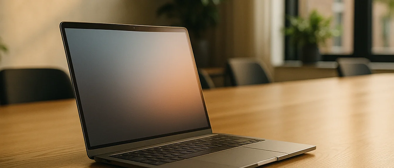 Laptop op een vergadertafel in een modern Nederlands kantoor